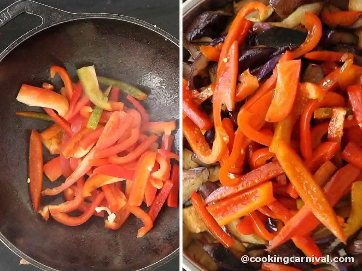 Pan frying red bell pepper in a cast iron wok.