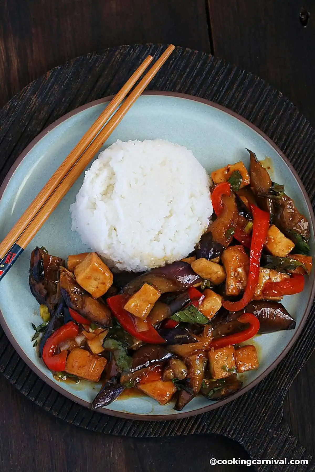 Eggplant tofu recipe served with rice.