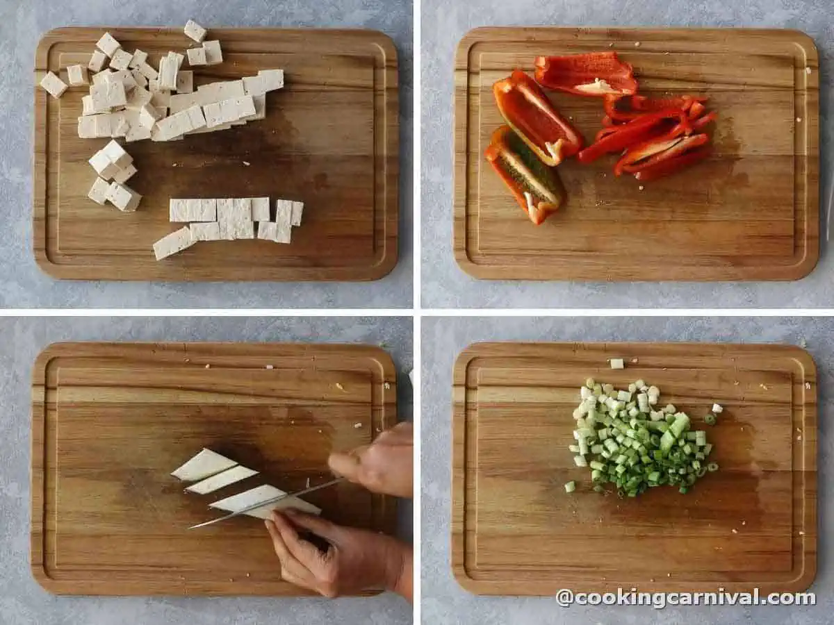 Chopping eggplant, bell pepper, and green onions. Cutting tofu.