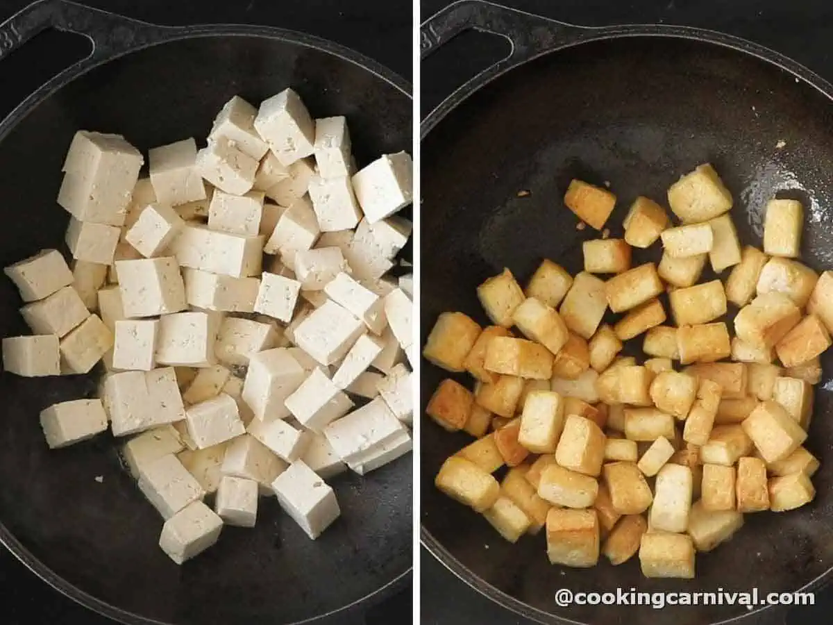 pan frying tofu in a cast iron wok.