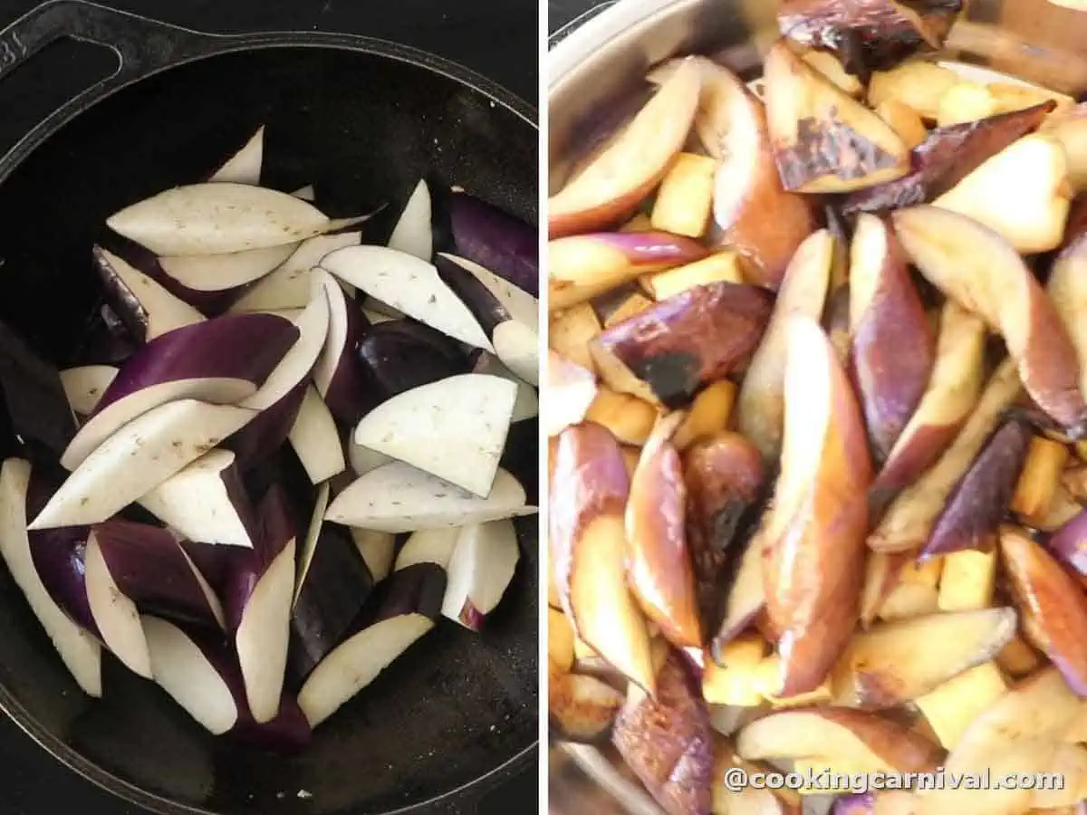 Pan frying the eggplant in a cast iron wok.