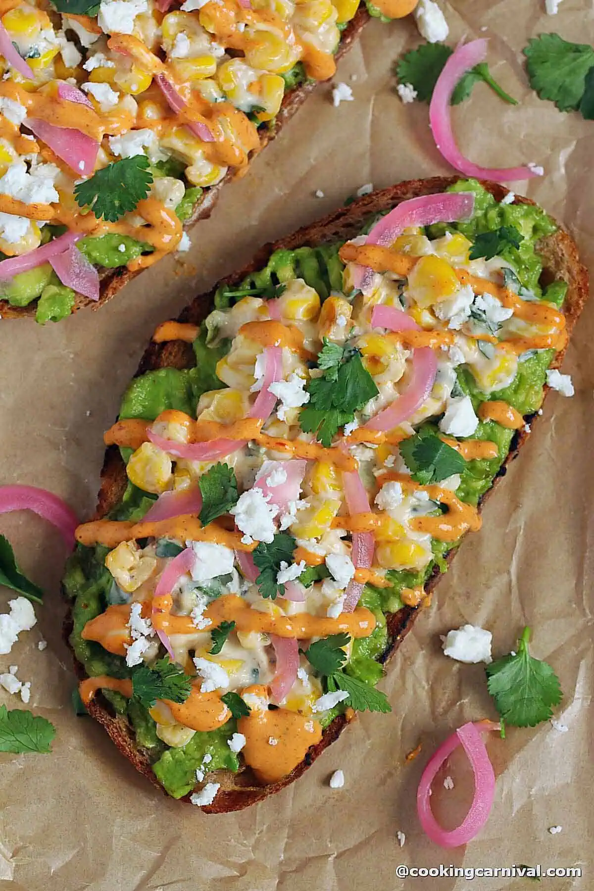 elote avocado toast close up shot.