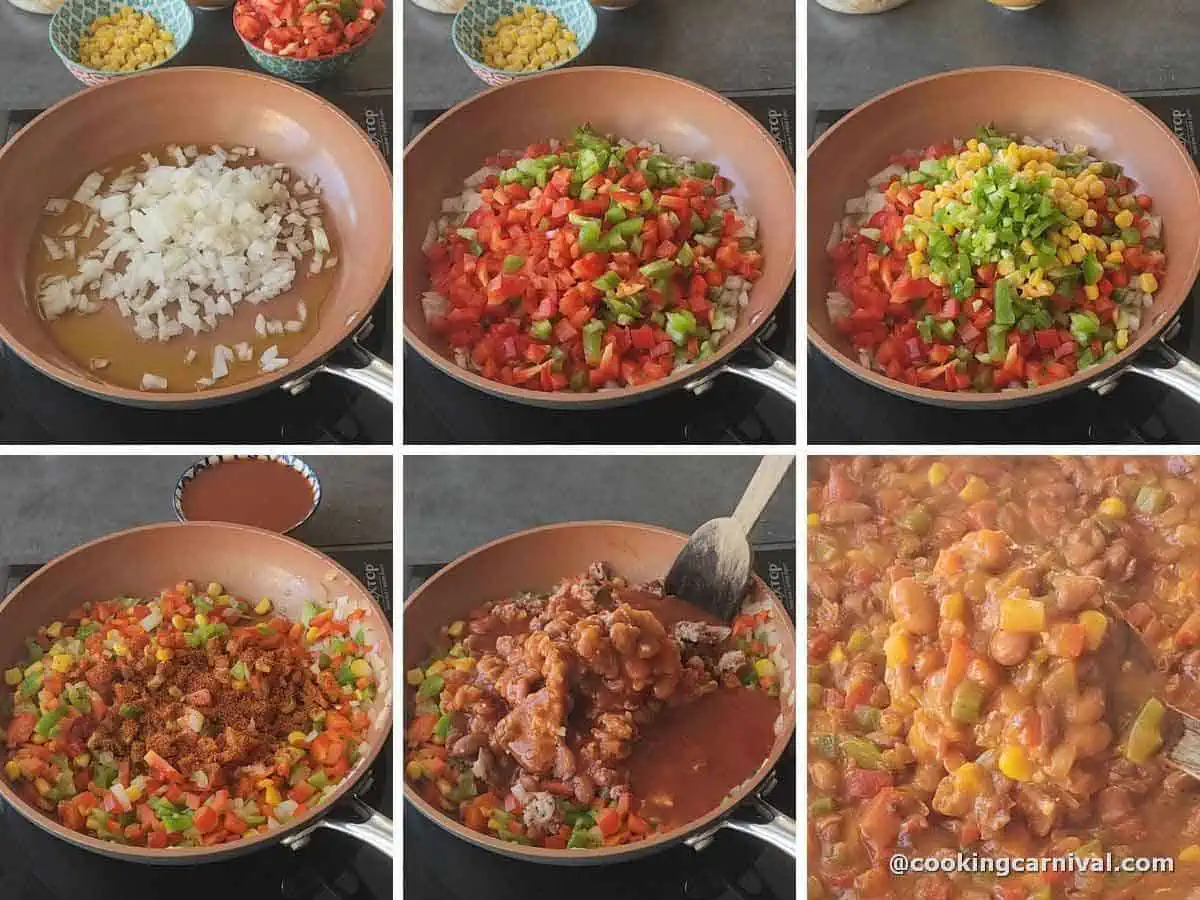 collage of making beans and veggie enchilada stuffing.