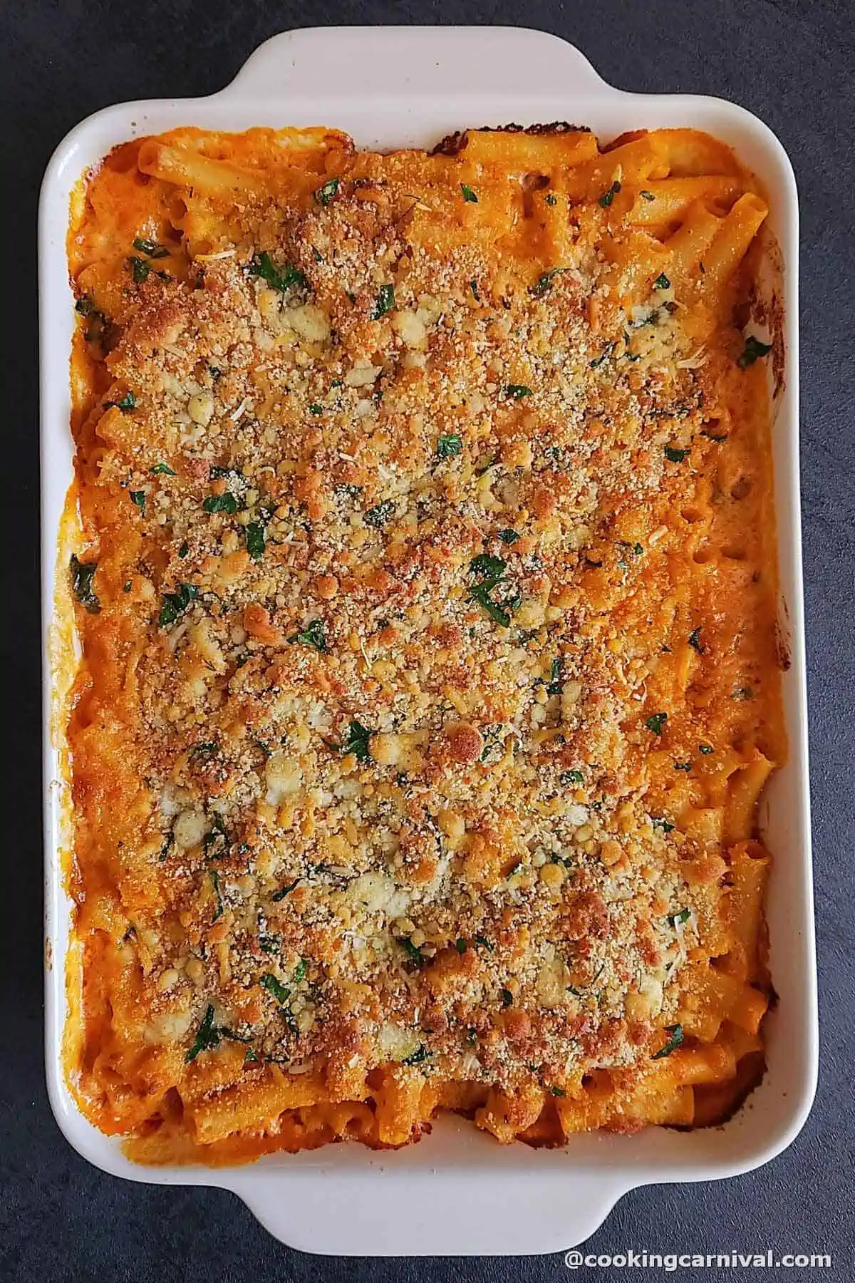 baked ziti in a baking tray.