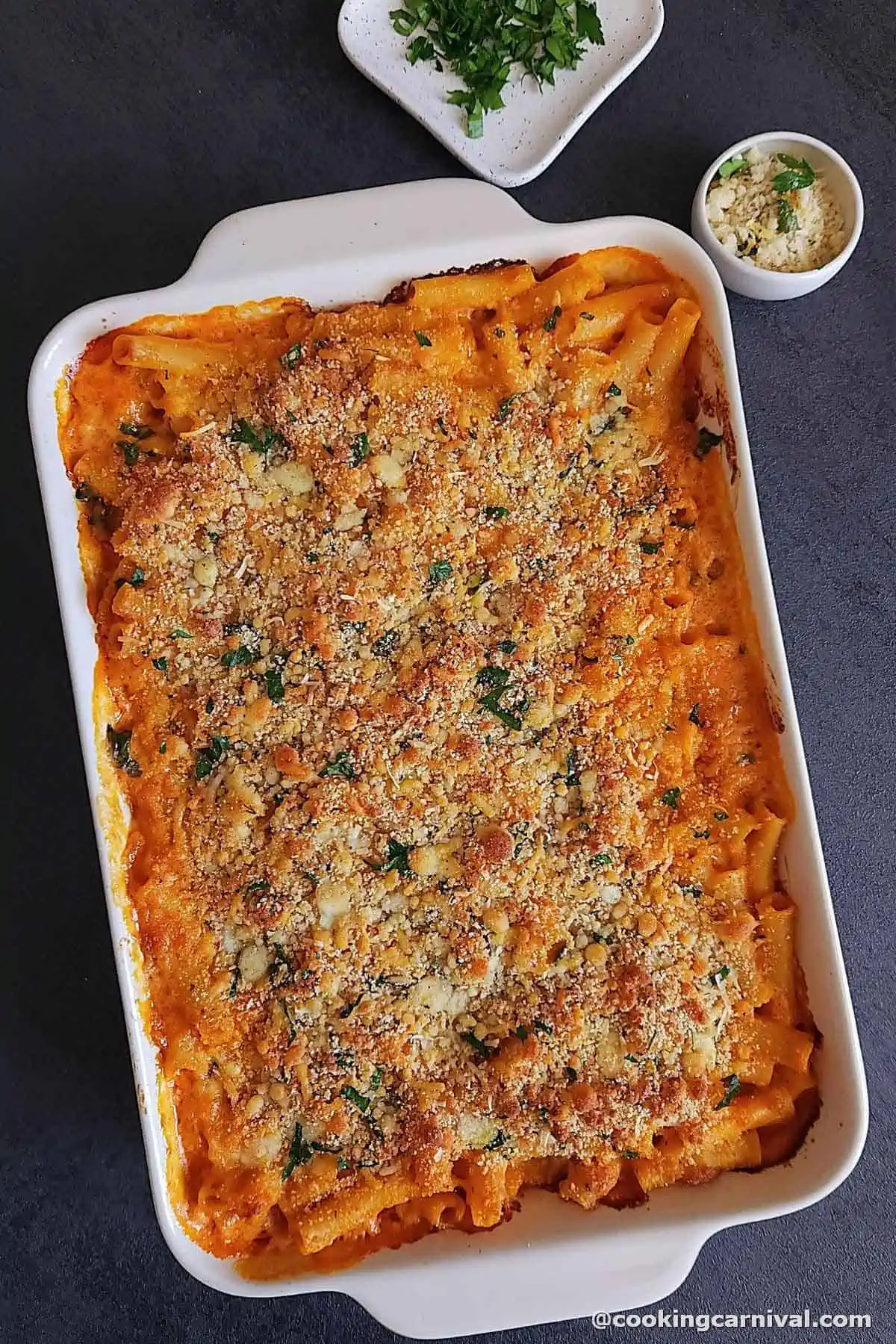 Five Cheese Ziti al Forno in a baking tray.