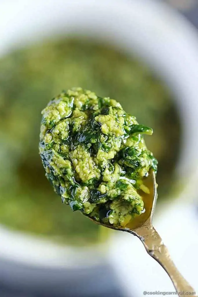 Close-up shot of basil pesto