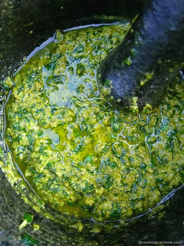 Basil pesto in mortar and pestle