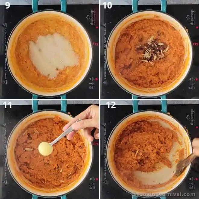 Adding sugar, ghee, cardamom powder and nuts in gajar halwa