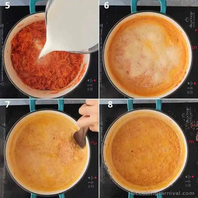 adding milk to the carrots and cooking it until the milk evaporates.