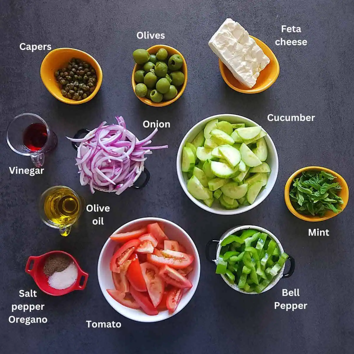 Pre-measured ingredients for greek salad