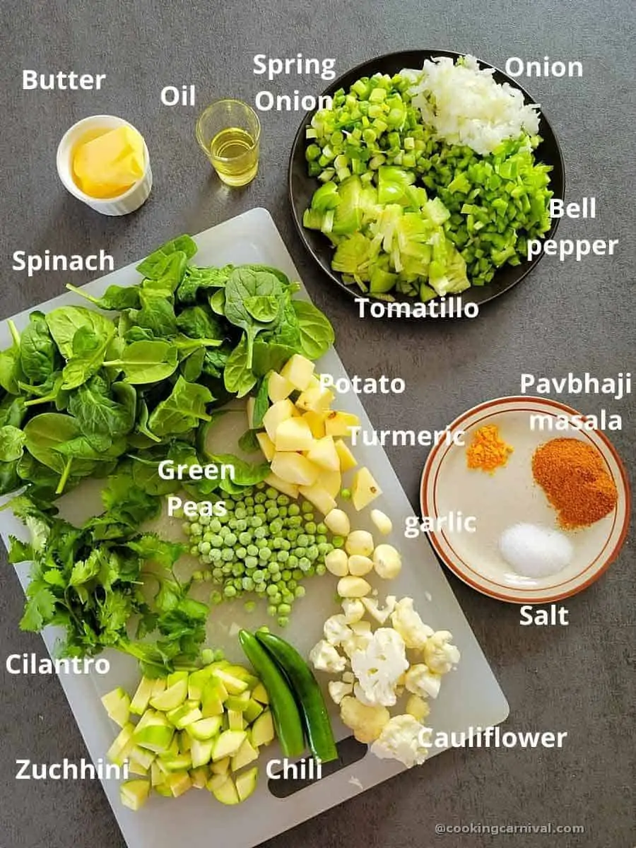 Pre-measured ingredients of green pav bhaji