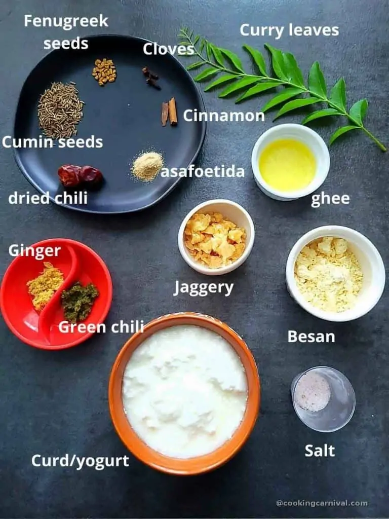 Pre-measured ingredients for kadhi on black tile