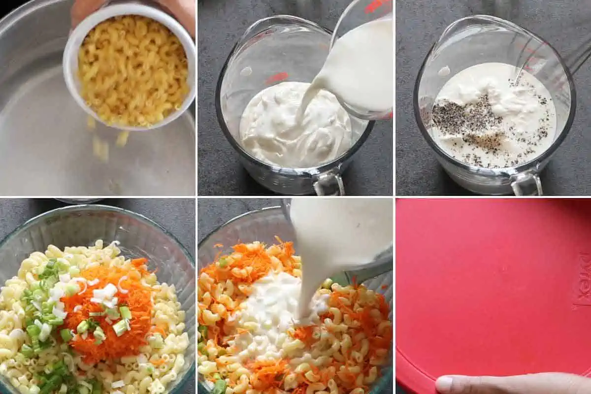 collage of making mac salad