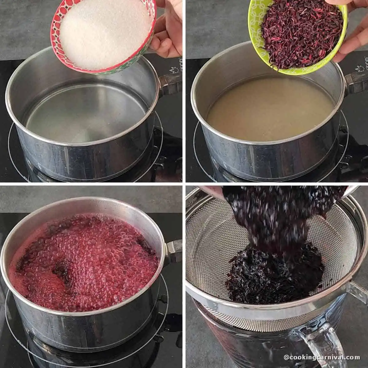 Step by step process of making hibiscus simple syrup.