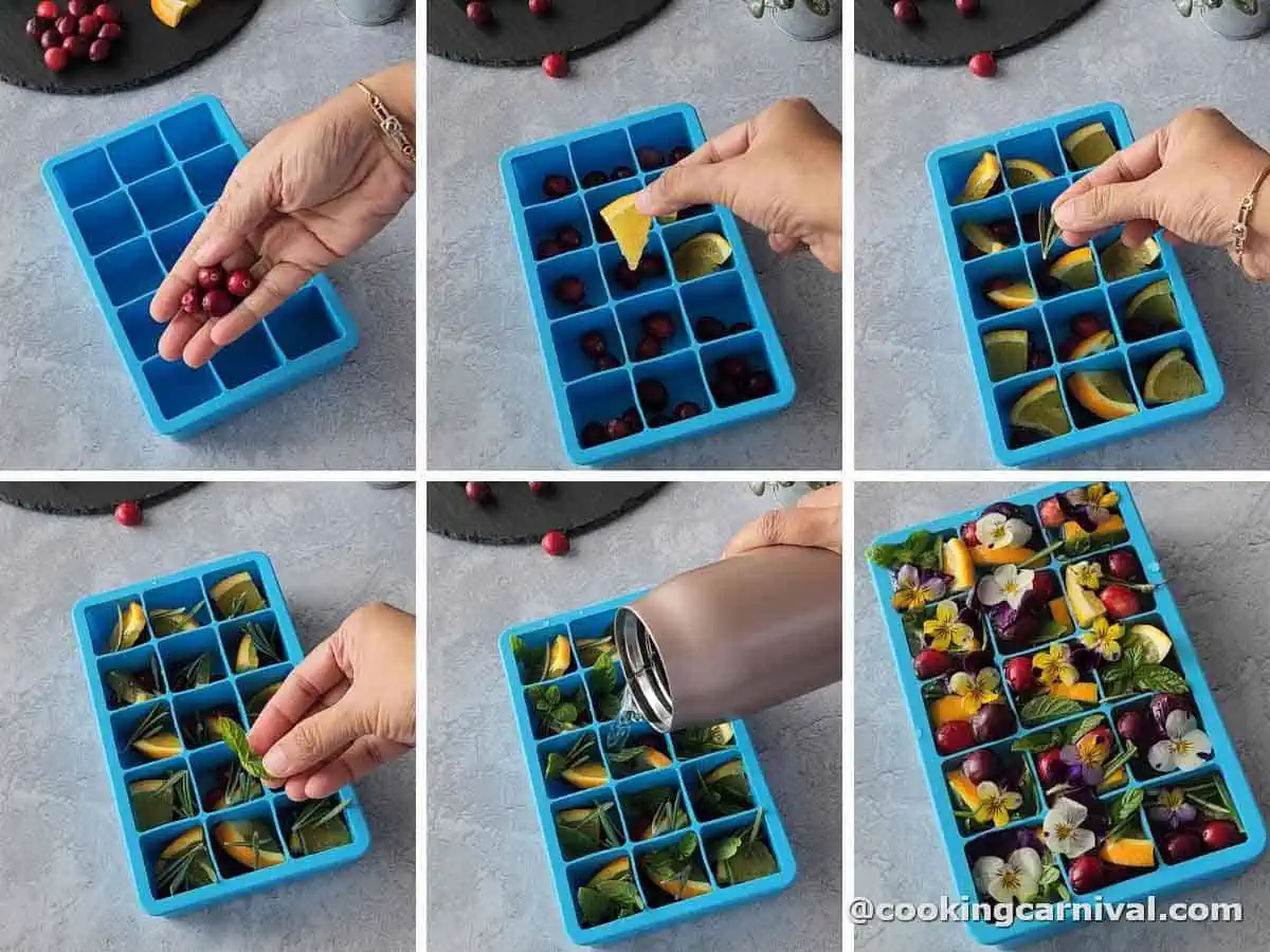 Step-by-step process of making holiday ice cubes in silicon tray.