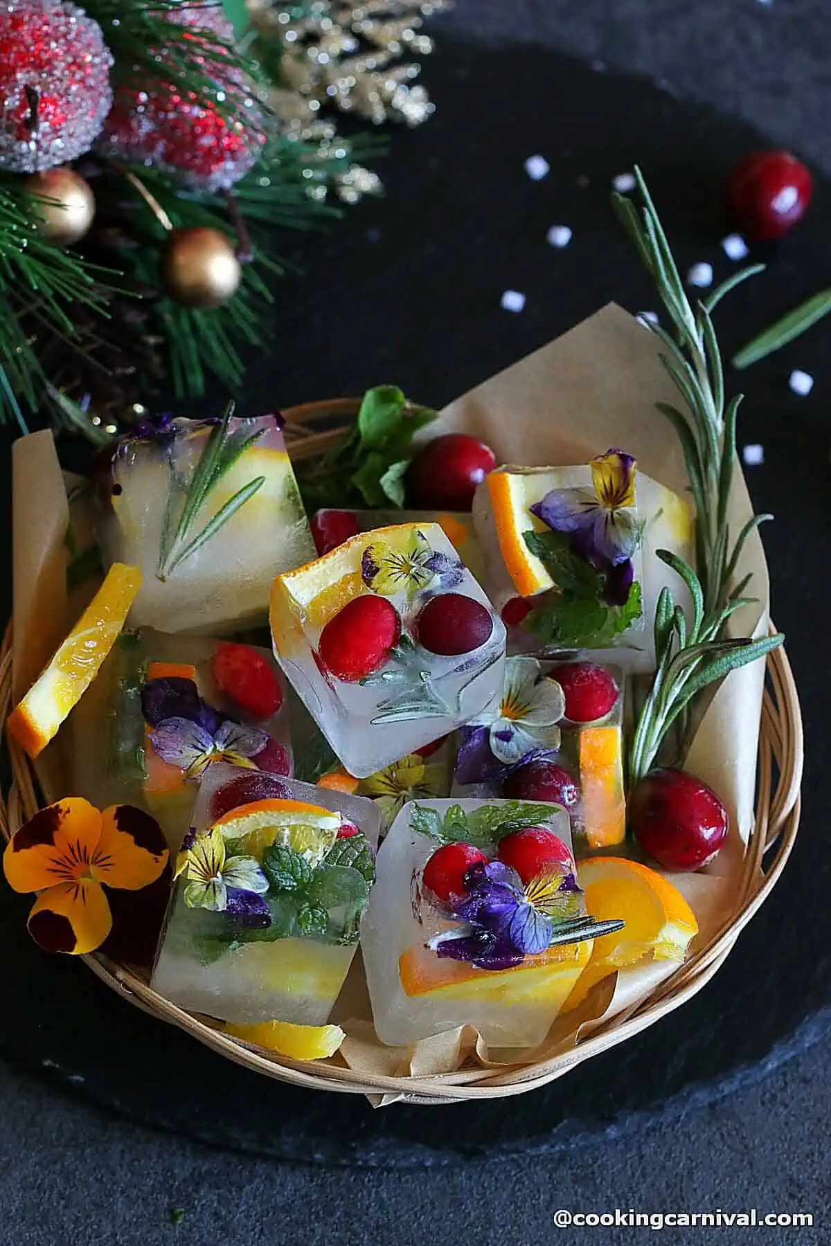 Flavored holiday ice cubes in a basket.