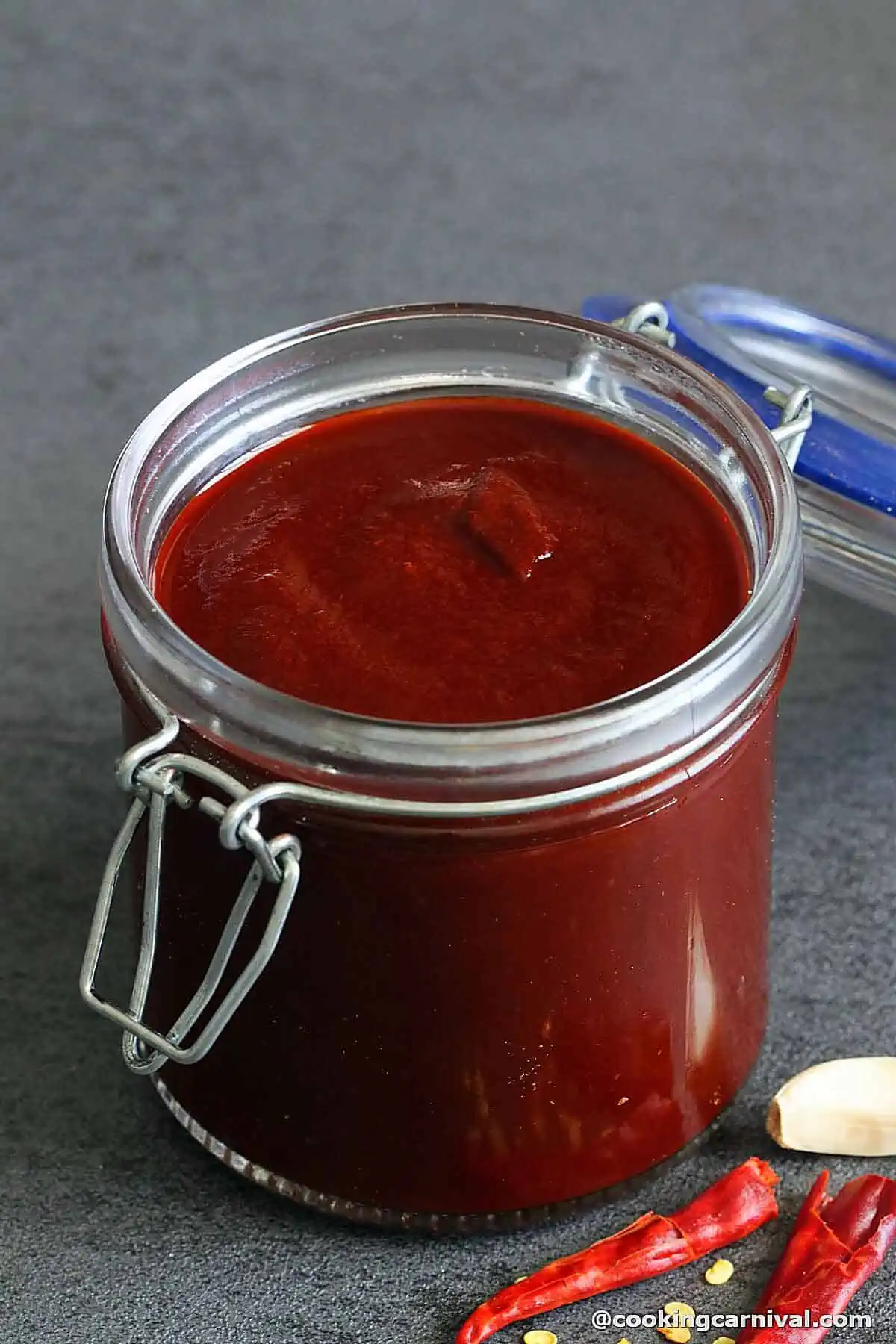 red enchilada sauce stored in a bottle.