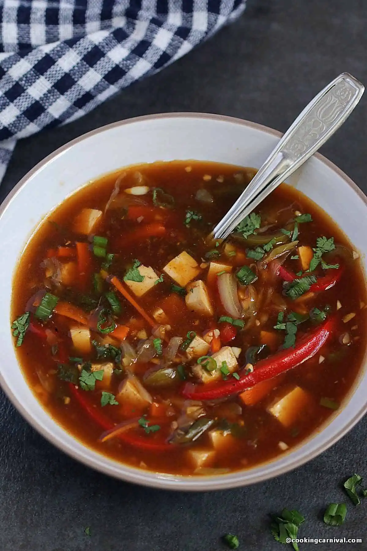 Hot & sour soup in a white bowl with spoon.