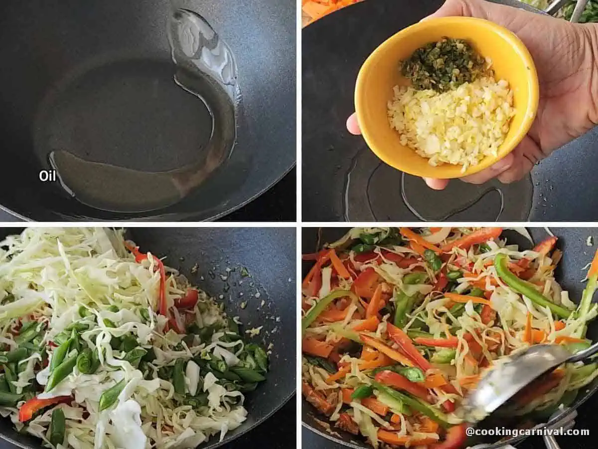 Sautéing vegetables, ginger, garlic, and green chili in a wok.