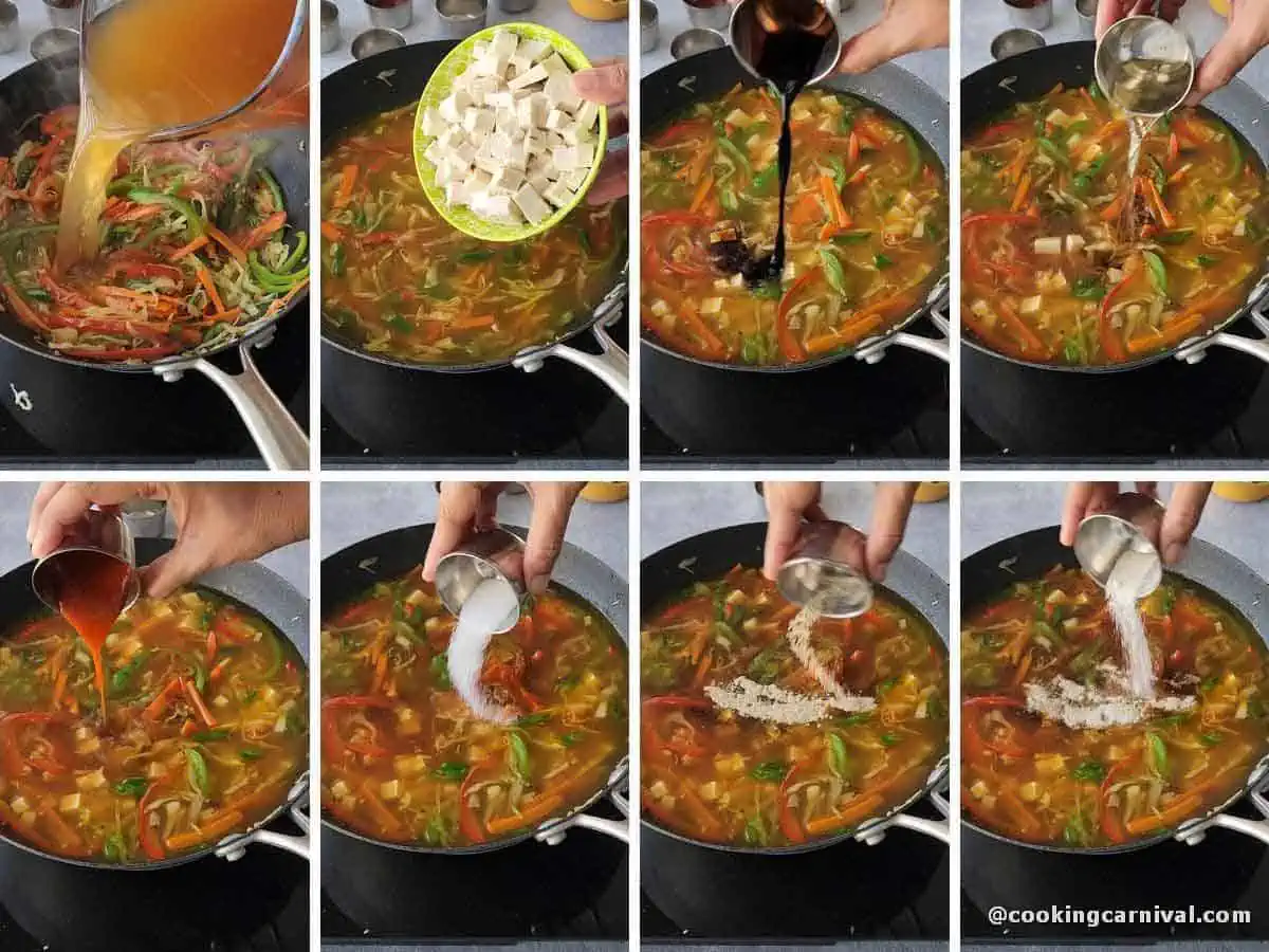 adding vegetable stock, tofu, vinegar, chili sauce, soy sauce, sugar, salt, and black pepper powder in soup.