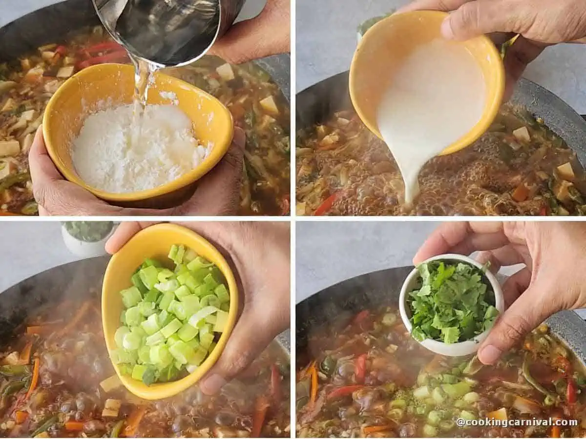 Thickening soup with corn starch and garnishing soup with cilantro and green onions. 