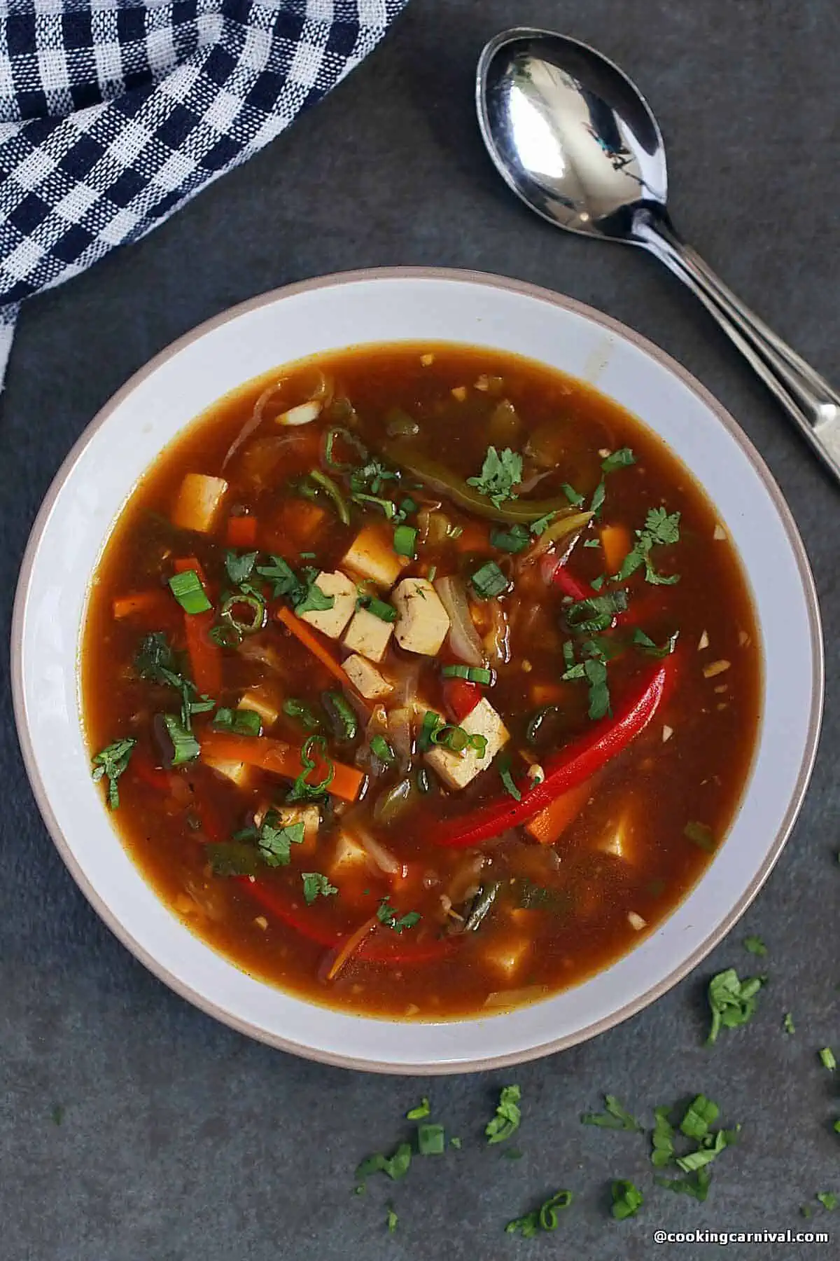 veg hot and sour soup in a bowl.