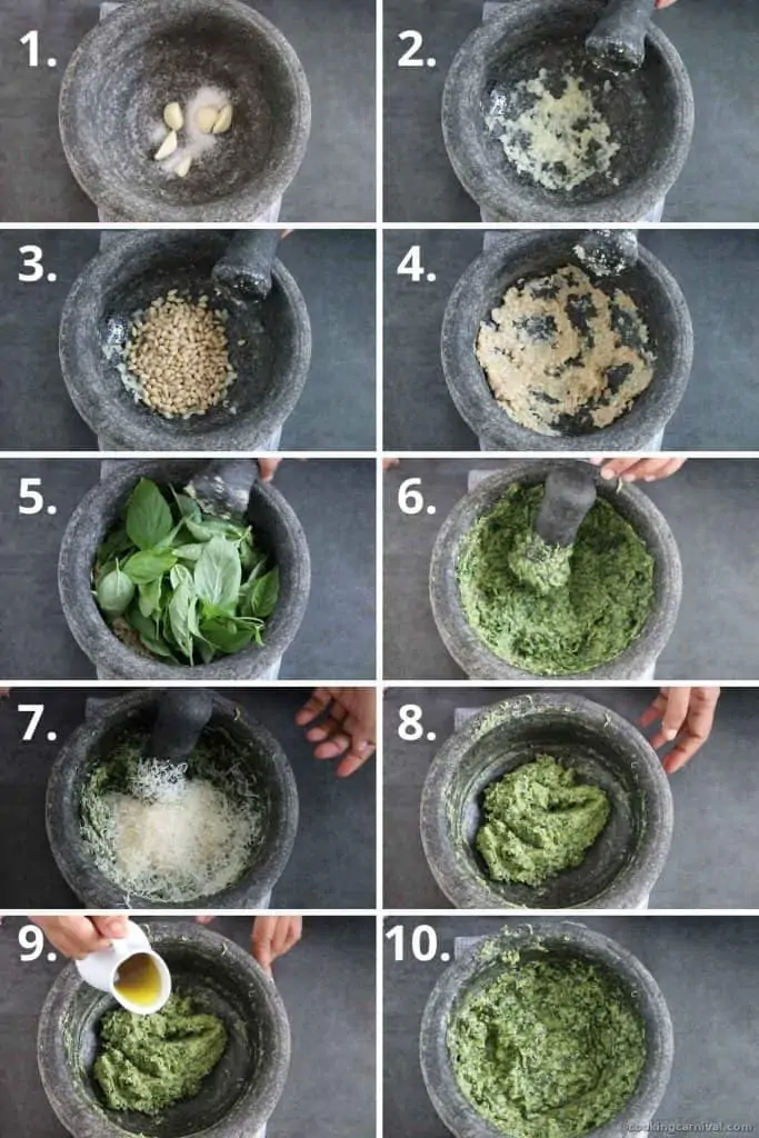 Collage of making fresh basil pesto in mortar and pestle