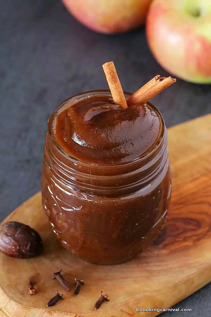 Apple butter made in instant pot and stored in mason jar