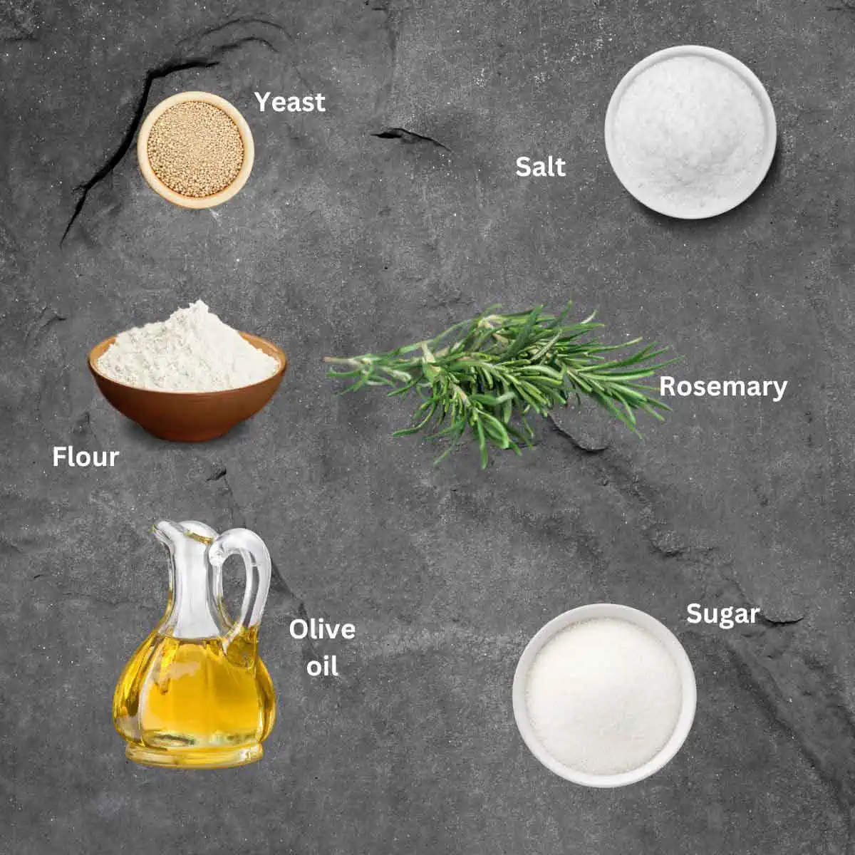 premeasured ingredients of instant pot no knead rosemary and olive oil bread.