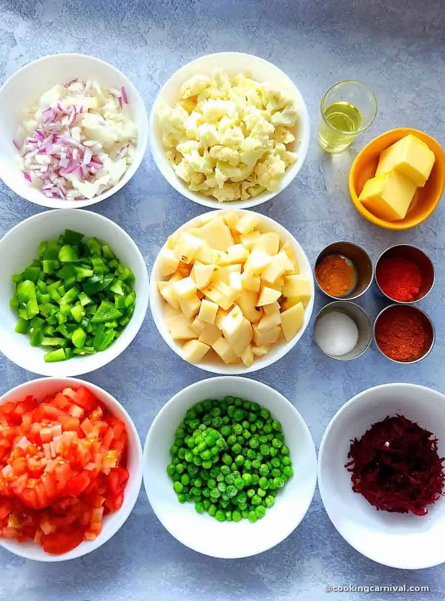 premeasured ingredients for instant pot pav bhaji.