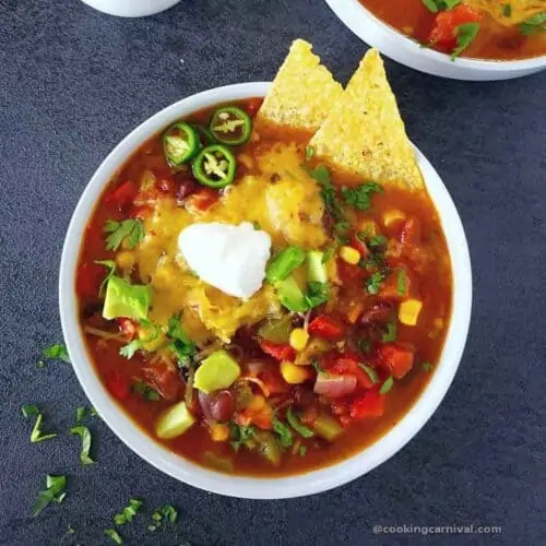 vegetarian taco soup in a white bowl