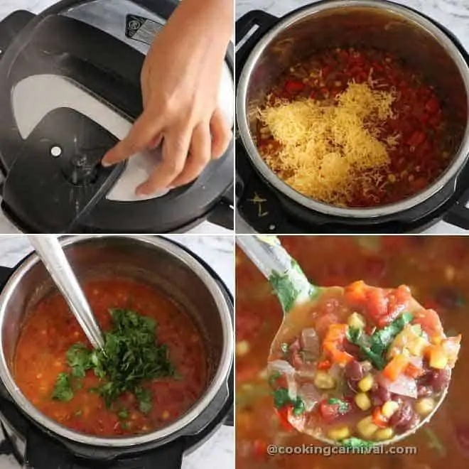 collage of adding cheese and cilantro in taco soup