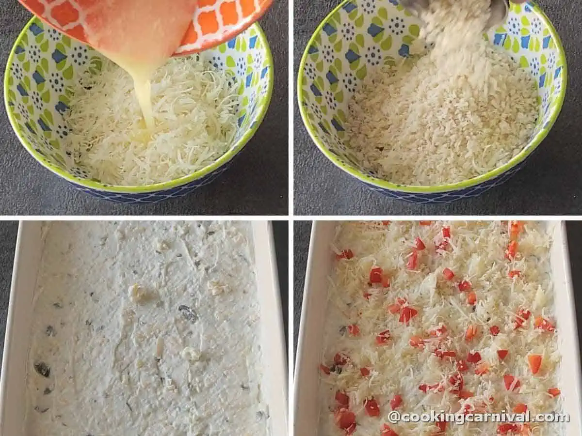 Layering dip in baking dish. Sprinkling panko, parmesan, bell pepper, and butter on top.