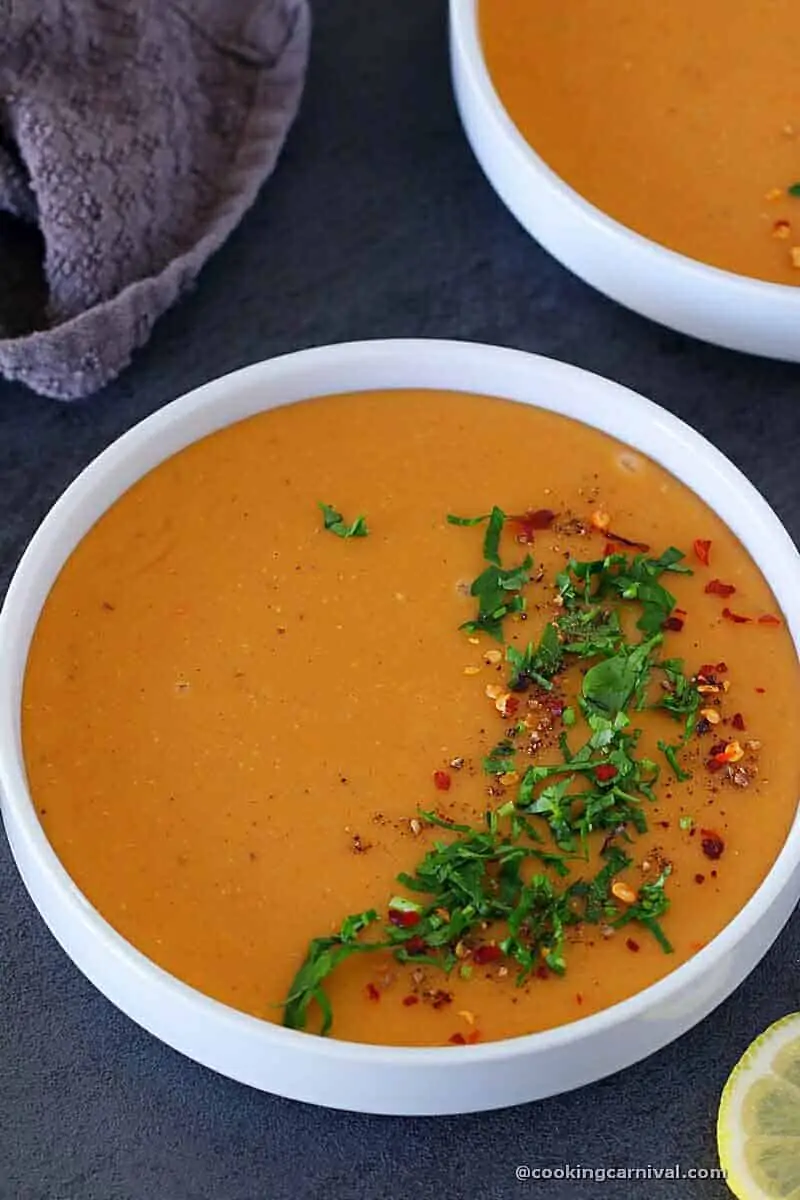 Lebanese Lentil Soup in a white bowl