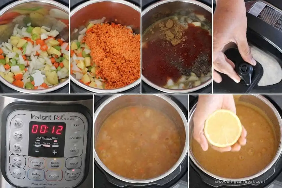 collage of making lentil soup in instant pot