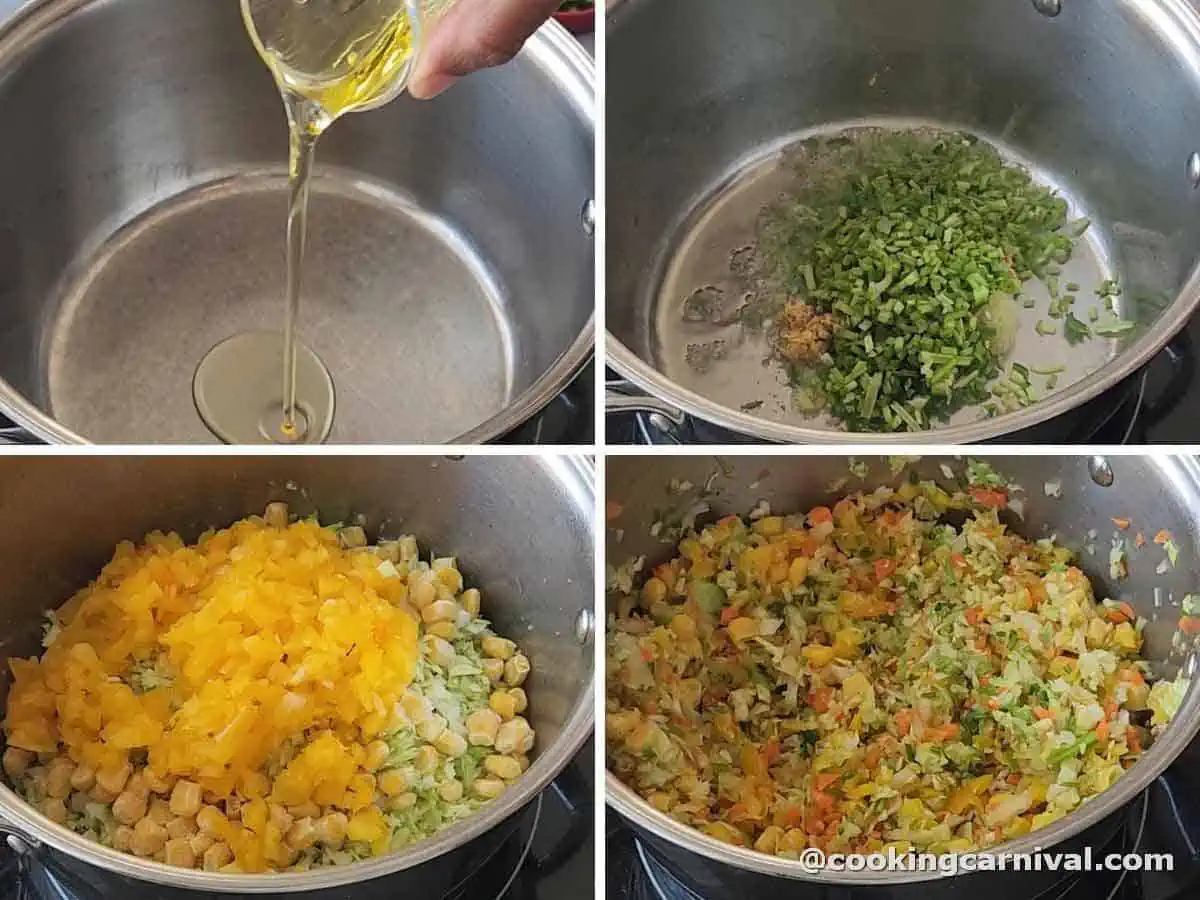 sauteing vegetables in oil with ginger, garlic, green chilies and cilantro stems.