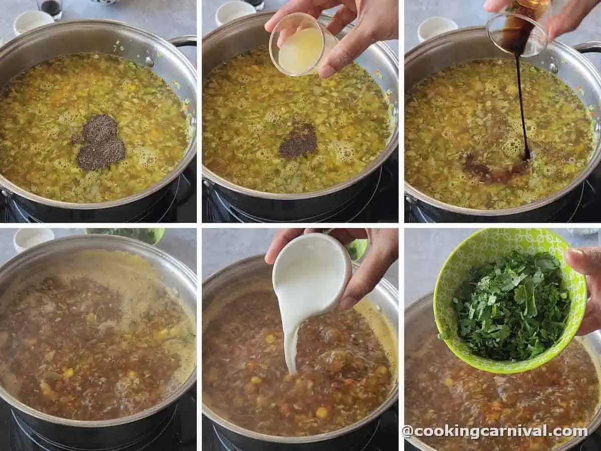 Adding spices, vegetable stock, lemon juice, cilantro, soy sauce, and cornstarch slurry to sauteed vegetables.