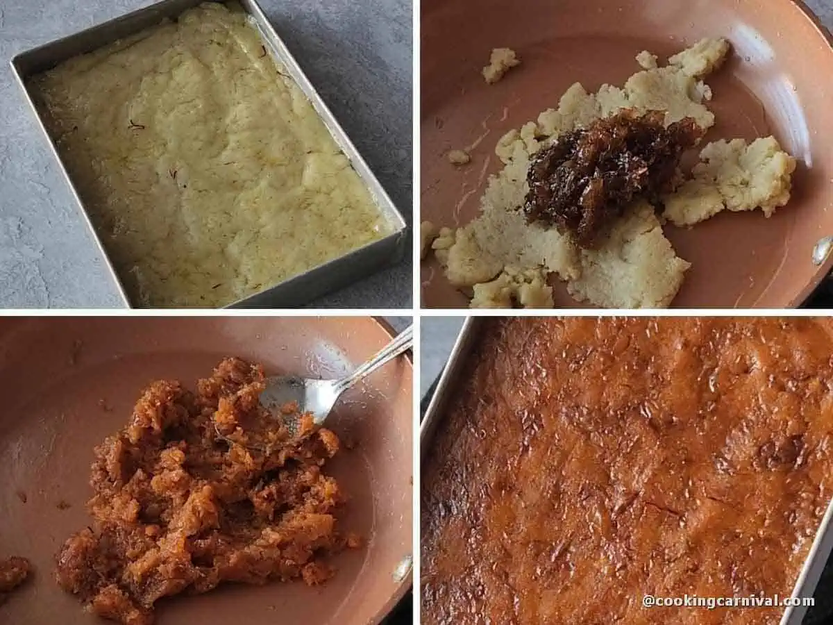 layering makhana burfi with gulkand mixture.