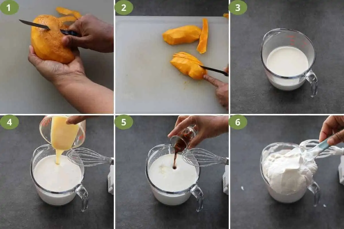 Collage of cutting mangos and making whipped cream for mango float