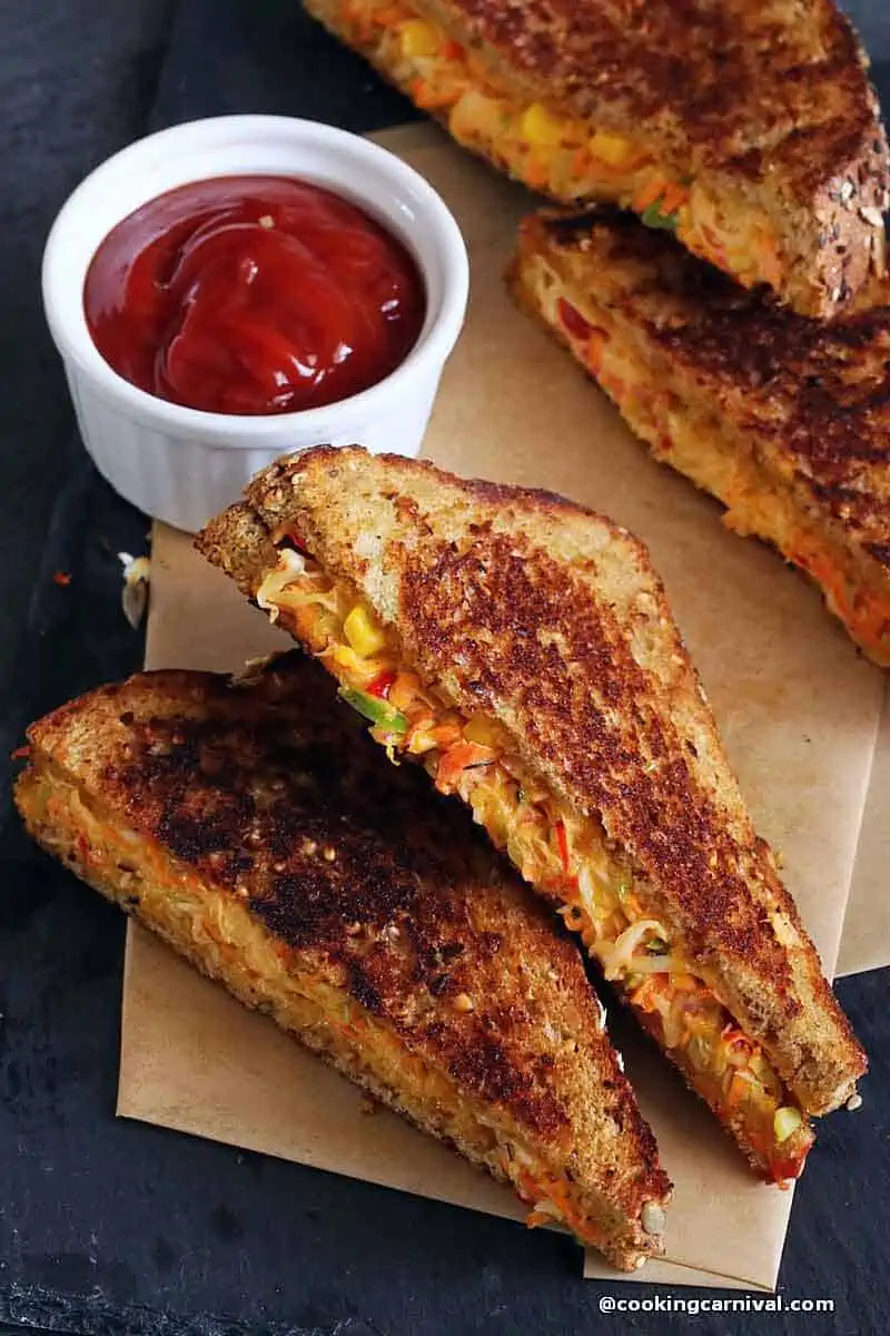 Slices of Mayonnaise Sandwich served ketchup