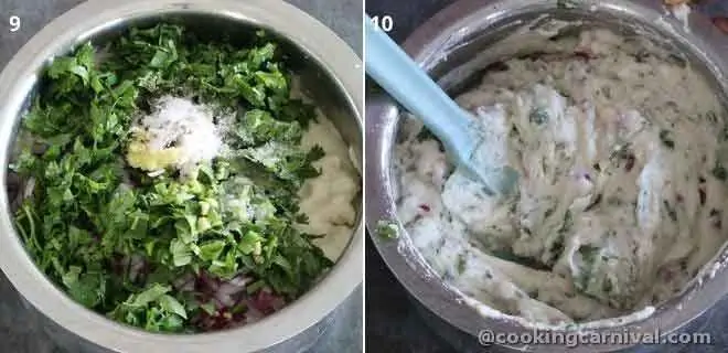 Mixing cilantro, onion, ginger, green chili, curry leaves in urad dal batter