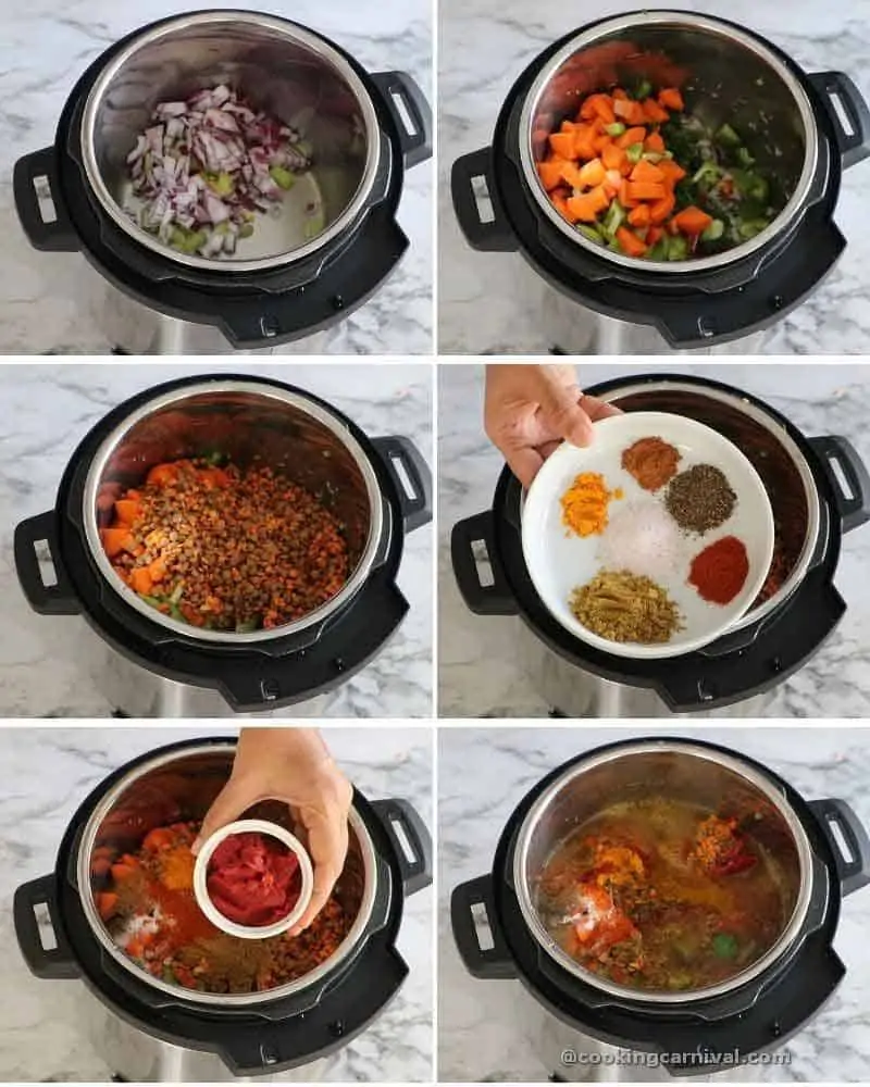 collage of making lentil soup in instant pot