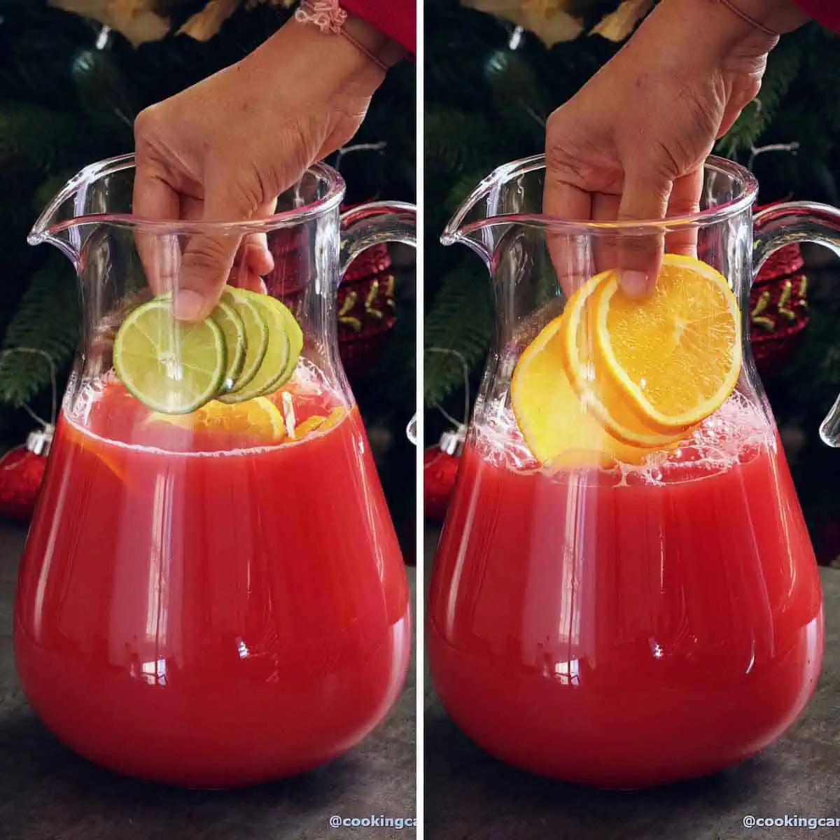 adding lemon and lime slices to orange cranberry juice.