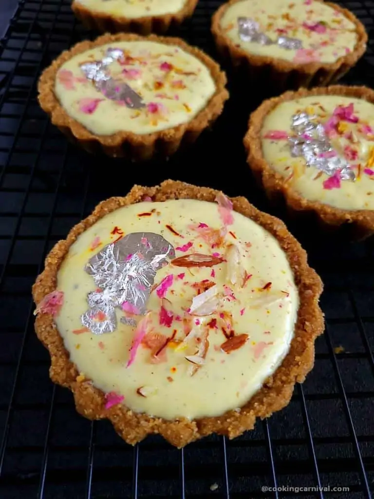 No bake shrikhand tart on a wire rack