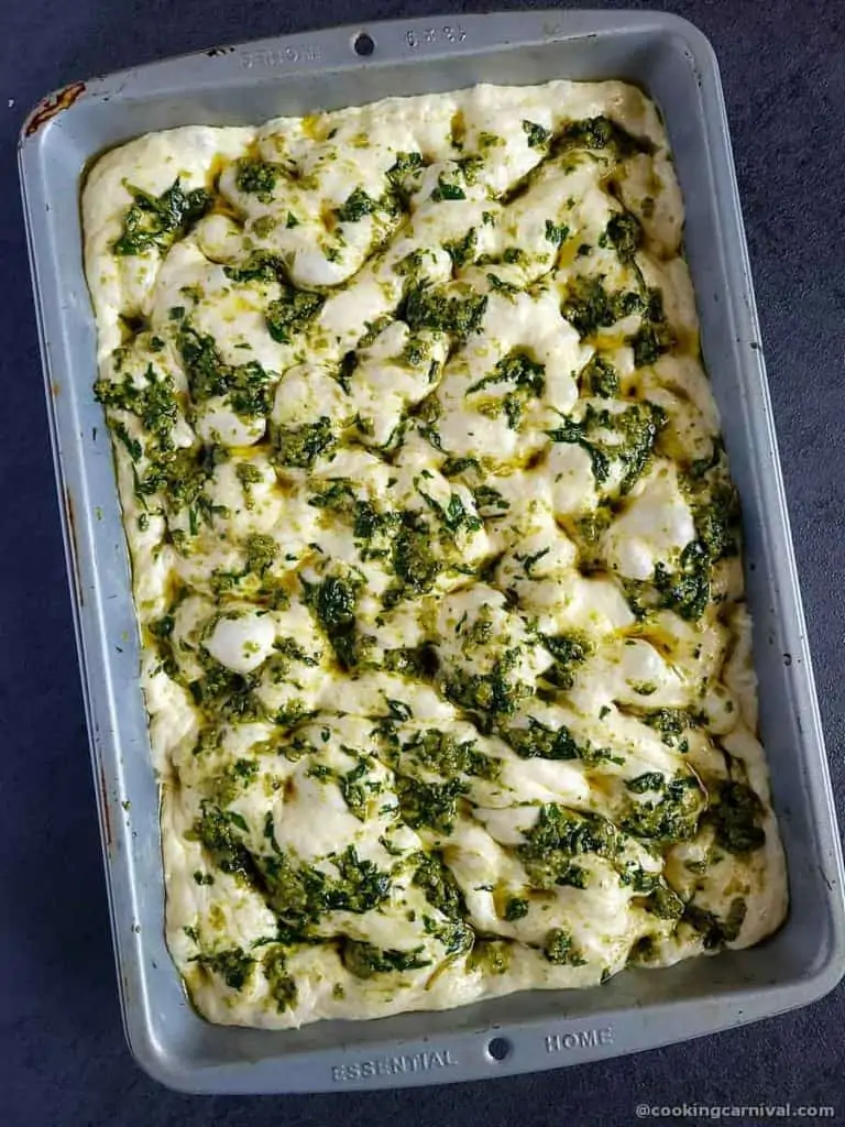 Fermented dough in a baking pan for no knead pesto focaccia bread