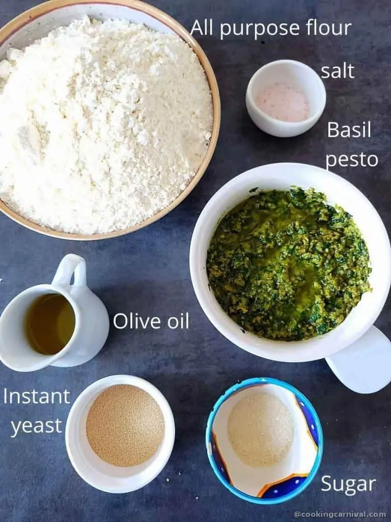 Pre-measured ingredients for no knead pesto focaccia bread