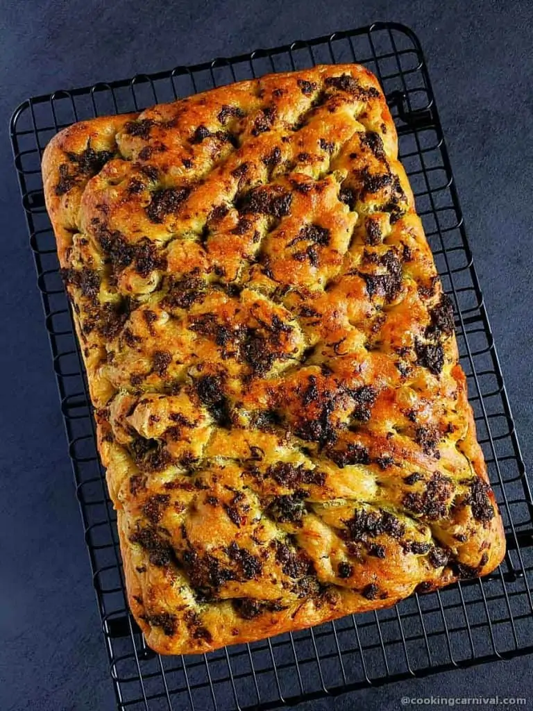 Baked no knead pesto focaccia bread