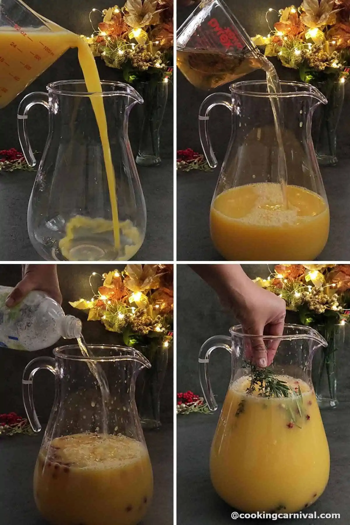 mixing orange juice, simple syrup, soda, orange slices, and herb in a pitcher