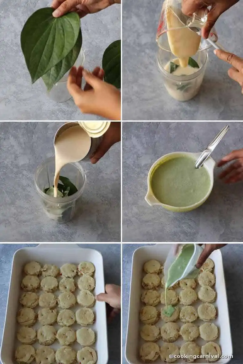 collage of making paan milk and soaking the cake with paan milk