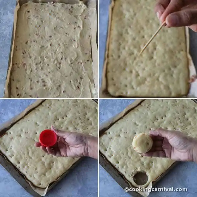 baking the cake in a sheet pan. then cutting it in small roundels.